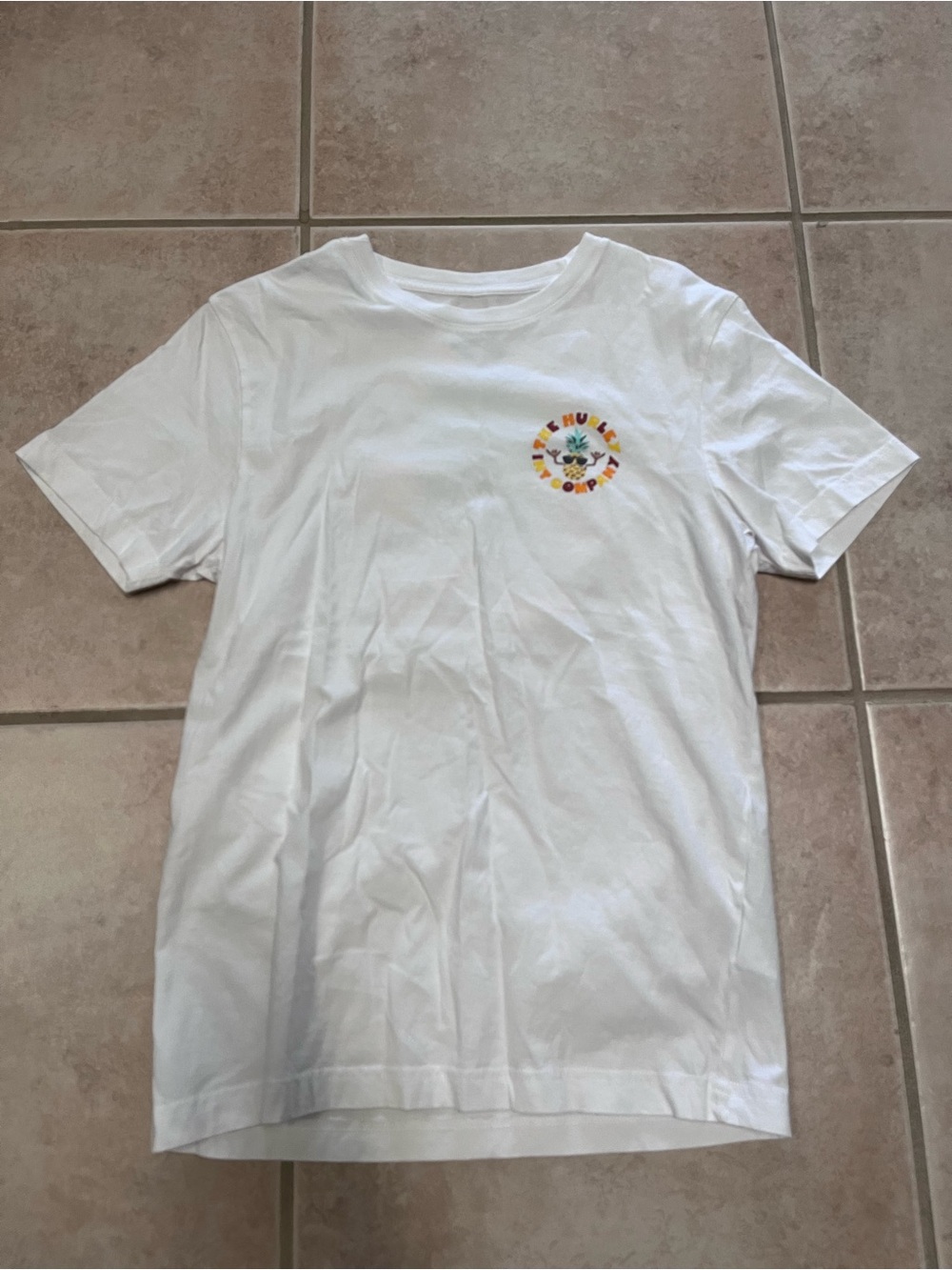 Hurley White Short Sleeve Tee with Small Colorful Sun Graphic